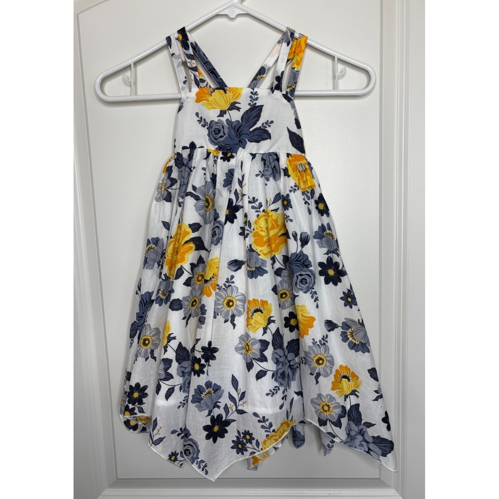 Joie Girls Sundress White Yellow Floral Lined Handkerchief Hem Dressy Party 4T‎
